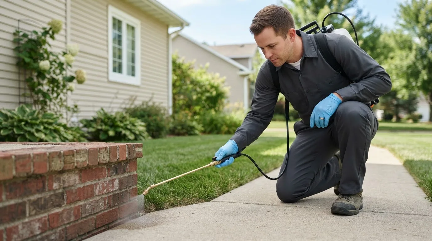 Pest control technician treating a home near Warren, RI
